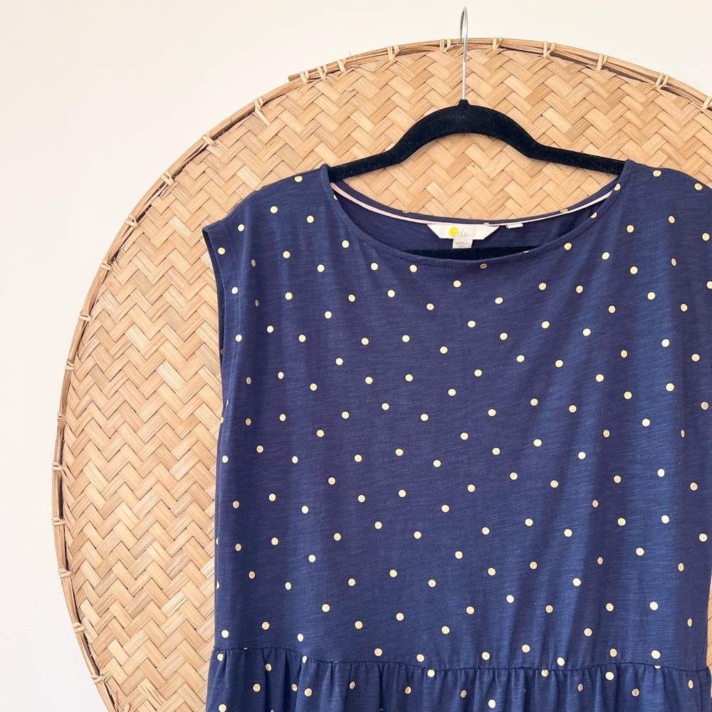 STYLISH BODEN ROMAINE SLEEVELESS DRESS BLUE W/ GOLD POLKA DOTS TIERED SKIRT EUC - Picture 8 of 15
